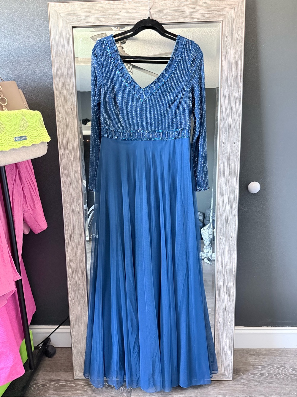 J Kara Blue Long Sleeve Beaded V-Neck Evening Gown